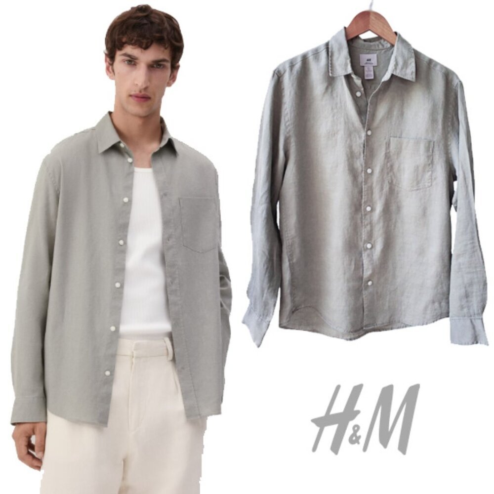 H&M 100% Linen Men's Button Down Long Sleeved Shirt Size S